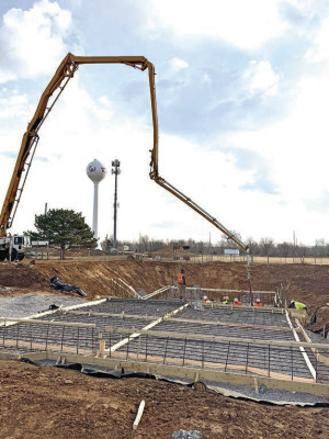 Concrete is poured recently at the City of Garden Plain’ s new swimming pool. It is on schedule to open in July. City of Garden Plain/Contributed photo