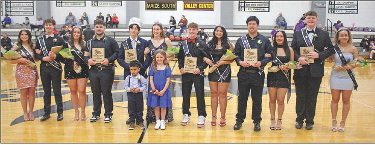 ABOVE: The Queen of Courts winter homecoming coronation was held on Friday night at Campus High School in Haysville, where Sarah Hendrickson and Vincent Finley were voted as queen and king. BELOW: The Campus homecoming candidate couples were, from left, Gannon Laggert and Teaonna Gitahi, Peyton Hockersmith and Joseph Holland, Lena Do and Dawson Le, Aliyah Rey and Grady Clements, Camden Schroeder and Emily May, and Sarah Hendrickson and Vincent Finley. Travis Mounts/TSnews