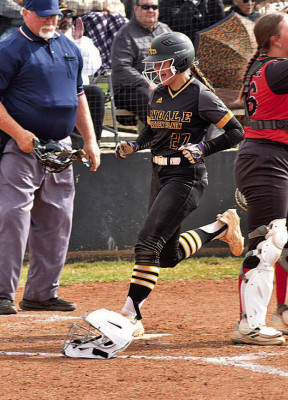 Garden Plain’s Abby Durham crosses the plate for a run during Andale-Garden Plain’s 4A regional title win last week. Andale-GP then beat Clearwater on Monday to advance in the State tournament. Contributed photo