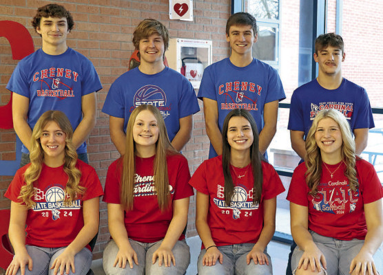 The Cheney High School Heart to Heart queen candidates are, front from left, Macey Batt, Kamryn Becker, Reese Hedstrom and Erika Block. The king candidates are, back from left, Carter Peintner, Grady Ditgen, Jase Robertson and Parker McClellan.