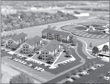 A concept image shows the apartment complex that has been proposed for construction at the Goddard Sports Complex. The Goddard City Council will hold a public hearing and could vote to establish a Reinvestment Housing District (RHID) for the complex during its meeting on April 1. PHOTO NOTE: Download concept image in Feb. 20 packet at goddardks.gov/agendacenter, Page 130. Contributed image/City of Goddard