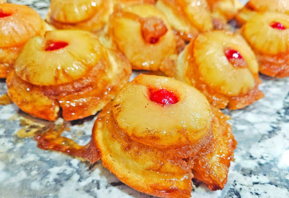 Pineapple upsidedown cookies taste just like mini cakes. They are perfect to eat without a fork and would look beautiful on a snack table or for a bake sale.