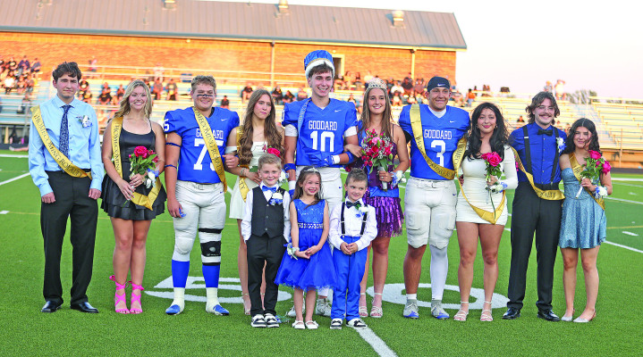 ABOVE: Homecoming was held before Friday’s Goddard High School homecoming game, where the Lions beat the Andover Central Jaguars. Jaxen Terhune and Ryleigh Brown were recognized as homecoming king and queen. BELOW: The king and queen candidates were, from left, Jared Bay and Ryleigh Brown, Brandon Johnson and Alivia Hanes, Neil Oltmer and Charlotte Hickey, Bryer Rojas and Modesta Moreno, and Jaxen Terhune and Kaytee Smith. Stephanie McKennon/TSnews