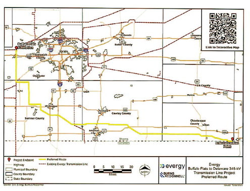 This map, provided by Evergy, shows the proposed route for the new Buffalo Flats Transmission Project. The 133-mile transmission line project would run through four counties, including Sedgwick and Sumner counties. Construction is expected to take place from 2027 through 2029. Contributed image