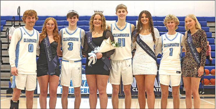 ABOVE: On Friday, the Clearwater Indians held their Winter Royalty homecoming celebration, where Kayle Hampton and Trent Fisher were selected as queen and king. BELOW: The winter royalty candidate couples were, from left, Cale Carlson and Zoey Skiles, Gage Clevenger and Kaylee Hampton, Isaac Smith and Kaelyn Potter, and Trent Fisher and Camryn Carlson. Stephanie McKennon/TSnews