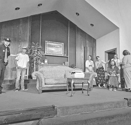 Cast members of “The Marquis Crossing Ladies Society's First Attempt at Murder” rehearse a scene for this weekend's shows. Performances will be Saturday evening and Sunday afternoon. Contributed photo