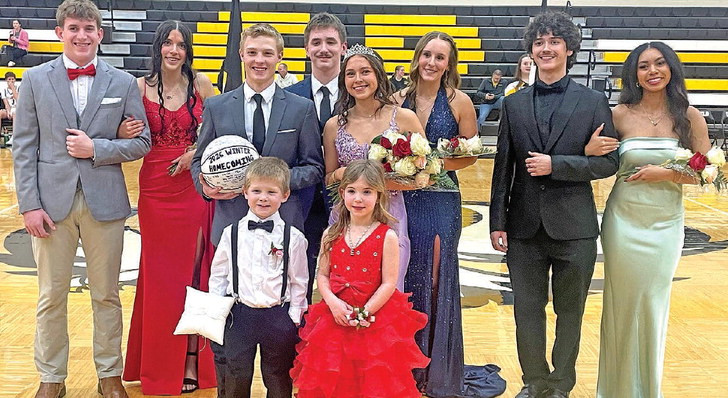 ABOVE: Winter homecoming took place following last Friday’s basketball games at Garden Plain High School. The king and queen were Sebastian Beying and Emma Bakker. BELOW: The homecoming candidate couples were, from left, Sebastian Beying and Emma Bakker, Hunter Hayden and Kiaya Hatfield, Tucker Thompson and Emma Nickelson, and Arthur Boyle and Rieleena Washington-Riel. Travis Mounts/TSnews