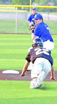 Nick Rogers turns a double play at second base to help the Goddard Lions out of a jam during last week’s regional championship game against Andover Central. The Lions open State baseball this Thursday with a game against Seaman High School. Travis Mounts/TSnews