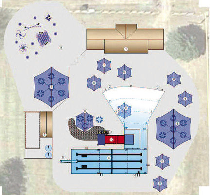This rendering shows the planned layout for Garden Plain’s new aquatic center, which will be located in City Park east of the pickleball courts. Notable features include the bathhouse (1), zero-entry poll (2), lap lanes (4), filter building (7) and splash pad (9). The splash pad and bathhouse will be located at the north end of the area. Contributed image
