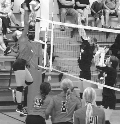 Autumn Coleman attempts a kill during the Sept.14 volleyball tournament in Norwich. Argonia won the tournament for a third straight year, picking up five victories. Coleman was misidentified in last week’s newspaper. Contributed photo