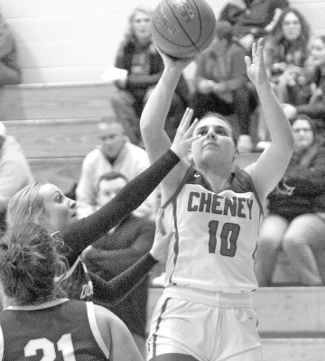Cheney’s Alayna Wehrman shoots a jump shot in the Cardinals’ blowout win over Douglass last Friday. Travis Mounts/TSnews