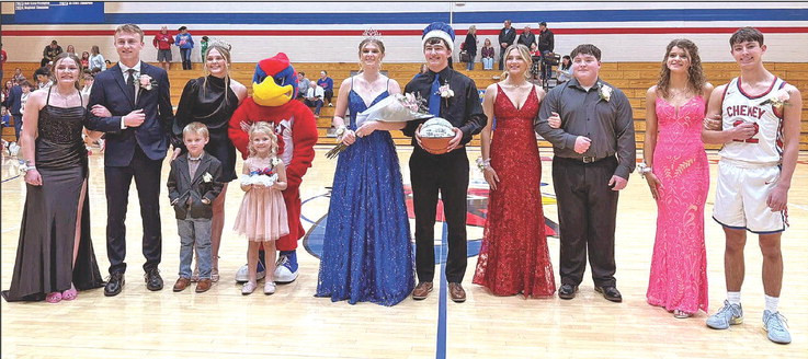 ABOVE: Cheney High School celebrated Heart-to-Heart on Friday night, culminating a week of homecoming events. Chloe Scheer and Kaden Ludwig were elected as queen and king. BELOW: The homecoming candidate couples were, from left, Brecken Bergkamp; and Cooper Frieden, Kennedy Frieden and Cash Young, Landyn Meyer and Wyatt Starns, and Chloe Scheer and Kaden Ludwig. Andrea McDaniel/TSnews