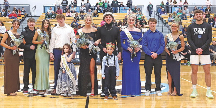 ABOVE: The winter homecoming court at Eisenhower High School. Stella Kitt and Ethan Trometer were selected as queen and king on Friday night. BELOW: The homecoming candidate couples were, from left, Ava Barrientos and Pierce Blue, Stella Kitt and Brody Engel, Karli George and Colton Doll, Ava Nall and Bryce Engel, and Emma Spain and Ethan Trometer. Matt Buchar/Ginger Viking Fotos