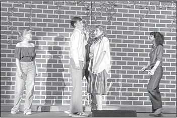 Clearwater High School students will stage “Emma! A Pop Musical” on Saturday evening and Sunday afternoon. Hayden Graves, Tate Smith, Jacob Wilson, Danielle Brown, and Reese Mohr are pictured rehearsing a scene. Contributed photo