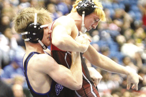 Josh Goodwin of Goddard pulls down Cooper Liles of Great Bend during Saturday’s championship match at 150 pounds. Goodwin won the match, earning his second consecutive State title. Travis Mounts/TSnews