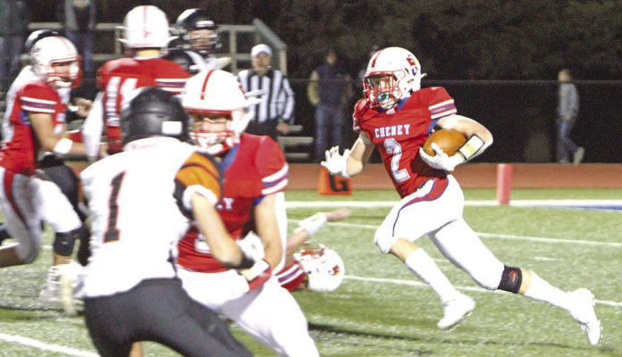 Cheney’s Drew Tolar finds a hole in Clay Center’s kick coverage as he returns the second-half kickoff 99 yards for a touchdown that gave the Cardinals’ their first lead over the Tigers. Cheney fell behind in the final minute, but pulled off a comeback in the final 25 seconds of the game to earn a rematch with Andale this Friday. Travis Mounts/TSnews