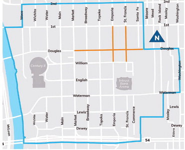 This map of downtown Wichita shows the area where paid parking has gone into effect. Paid parking went into effect on July 1, although it does not include the Old Town and Delano neighborhoods.