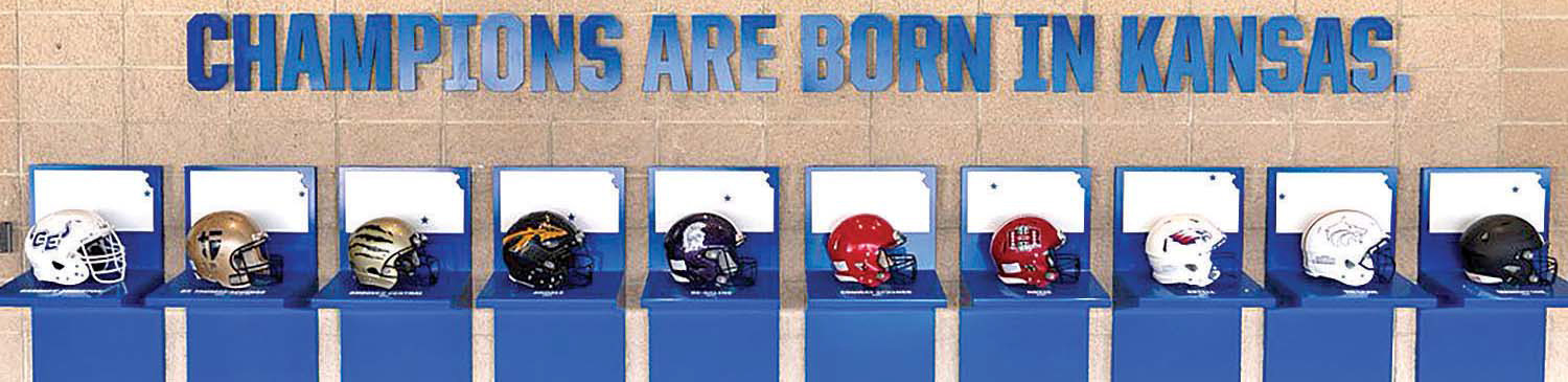 This new display at the remodeled David Booth Kansas Memorial Stadium in Lawrence will feature the helmets of each season’s Kansas high school state football champions. The Conway Springs Cardinals helmet is in the center right position. The Cardinals are the defending Class 1A State champions. Contributed photo/KU Athletics