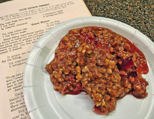 This vintage recipe for plum crunch combines the rich flavor of fresh plums with the warm spice of cinnamon and the nuttiness of an oatmeal-based topping.