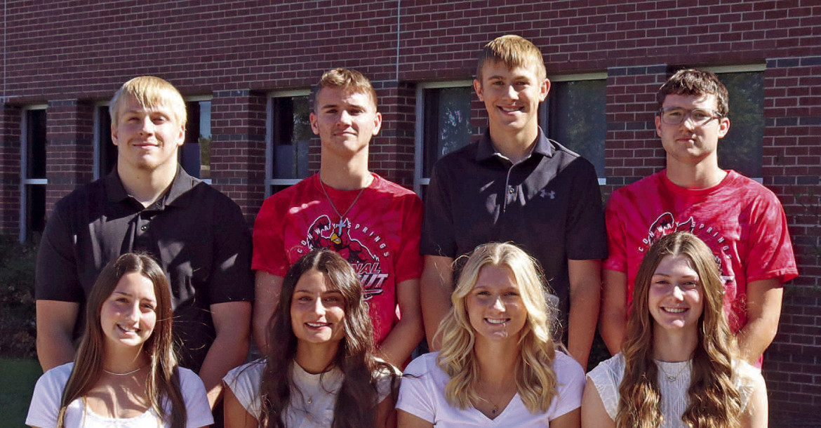 This year’s Conway Springs High School homecoming queen candidates are, front from left, Adysen Conkle, Delaney Jones, Joslin Bartelson and Lairen Pauly. The king candidates are, back from left, Caleb Newell, Ian May, Grayson Allen and Joseph Howard. Coronation will follow Friday’s homecoming football game. Contributed photo