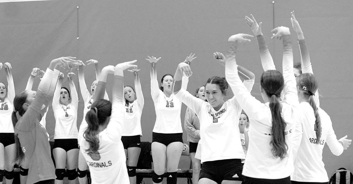 The Conway Springs Cardinals celebrate a point during their home regional match against Belle Plaine on Monday. Conway Springs won the regional, and will play in the Class 2A substate at Inman this Saturday. Travis Mounts/TSnews