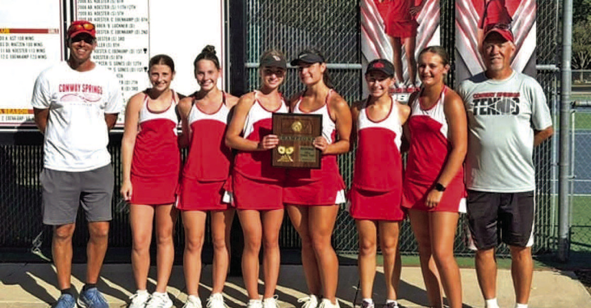 The Conway Springs Cardinals won a 3-2-1 regional title at home last weekend, and will send all six team members to the State tournament. They will play this Friday and Saturday at the Kossover Tennis Center in Topeka. Contributed photo